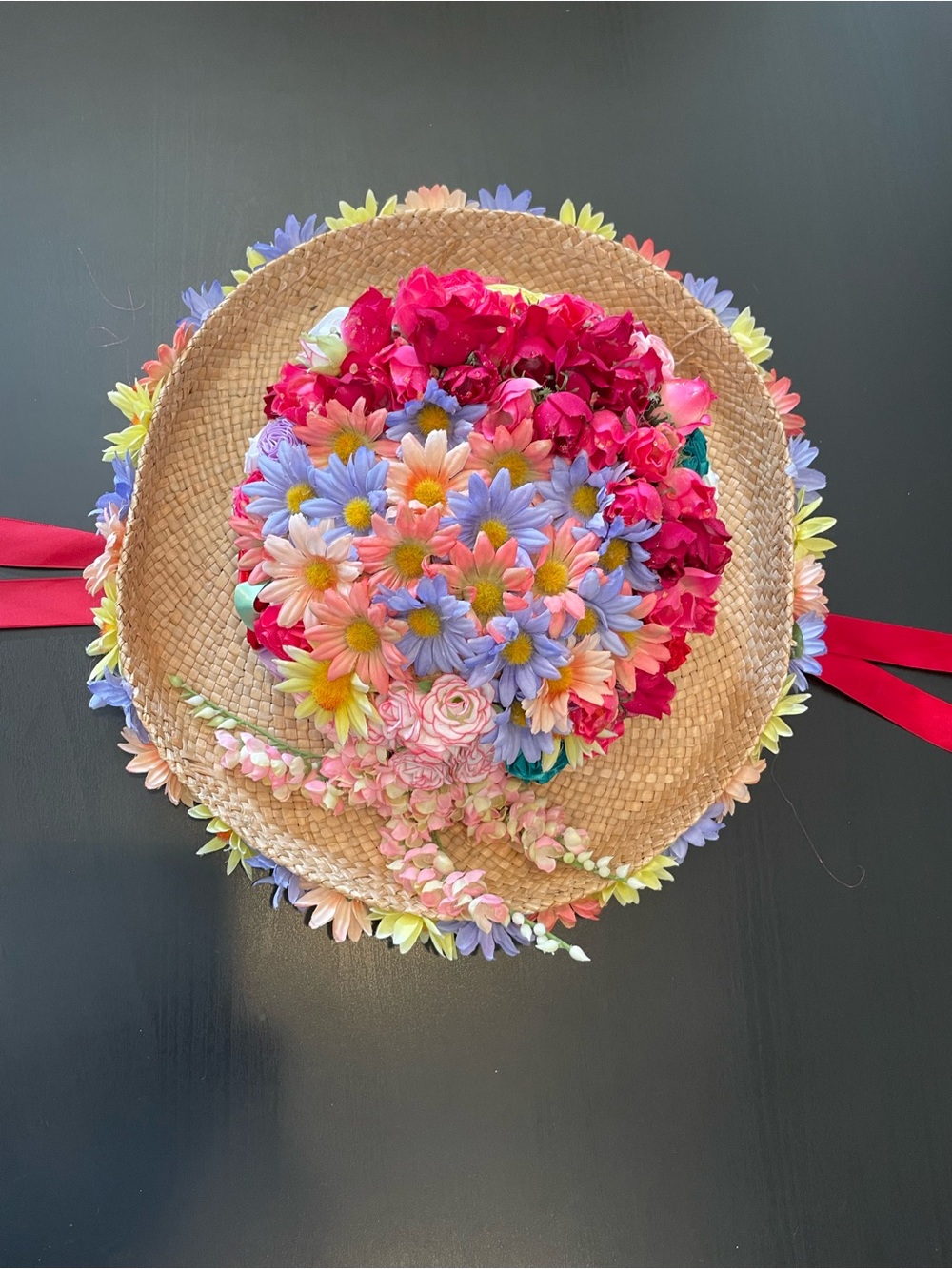 Beautiful Floral Straw Sun Hat with Pink Ribbon